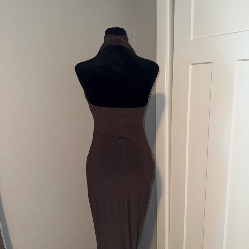 Norma Kamali HALTER TURTLE FISHTAIL GOWN XS Chocolate Brown Dress - Picture 5 of 6